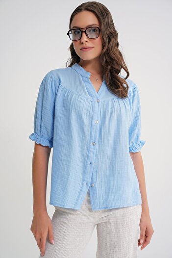 Mixray 4725 Women's Drawstring Sleeve Ruffled Muslin Shirt Baby Blue