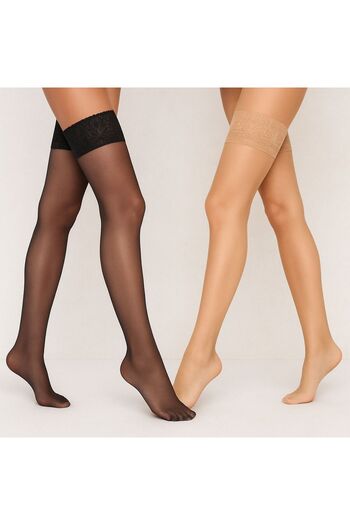 DÜVEN 2 Pairs Fancy 15 Garter Stockings Light Skin & Black-Italy Lace Silicone Non-Slip Women's Garter Stockings