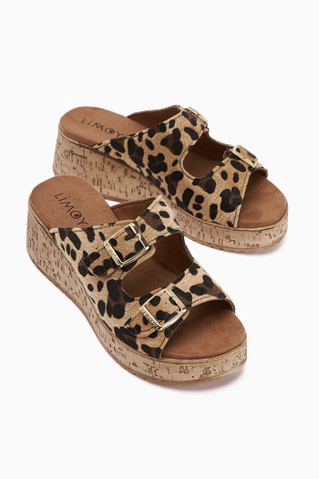Limoya Samina Leopard Patterned Double Striped Wedge Heeled Women's Slippers