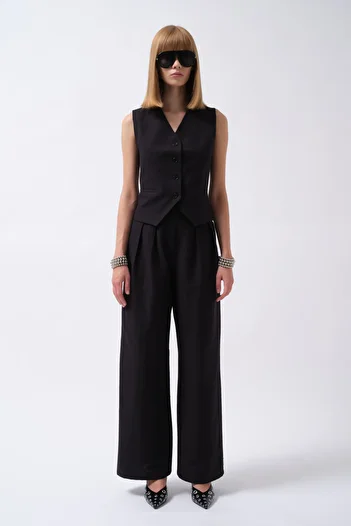 Black Fashion Flato Pocket Buttoned Navy Blue Vest