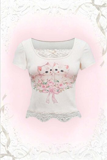 BALİNA White Kawaii Cat Lace Detailed Y2K Short Sleeve Crop -The Solo
