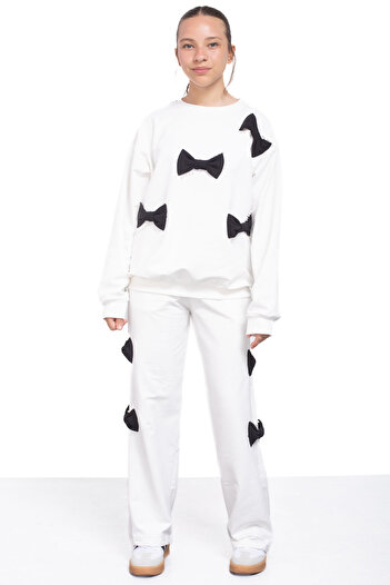 Cansın Mini Ecru Bow and Pearl Detailed Girl's Crew Neck 2-Piece Tracksuit Set 21203