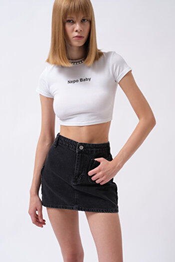 Black Fashion Pocket Detail Denim Mini Black Skirt