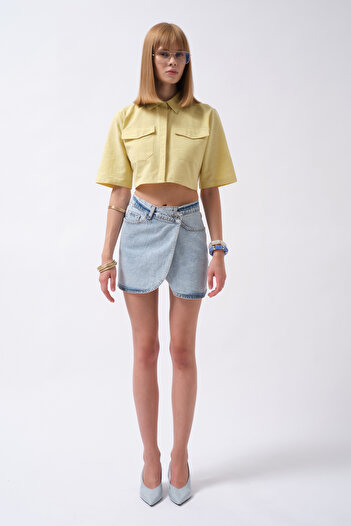 Black Fashion Wrap Denim Mini Light Blue Skirt
