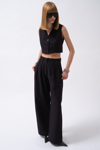 Black Fashion Double Pleated Palazzo Navy Blue Trousers