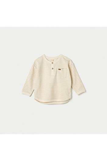 giggles Striped Henley Neck T-shirt with Long Sleeves
