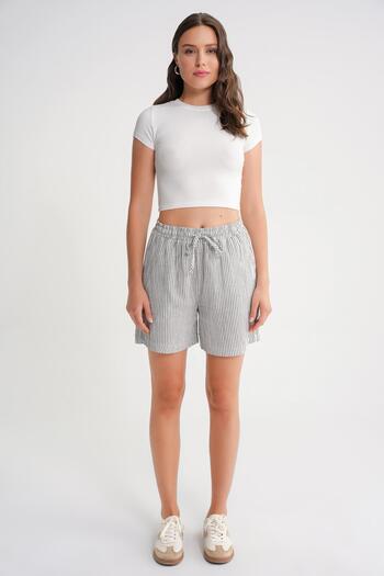 Mixray 4728 Women's Elastic Waist Striped Muslin Shorts Black