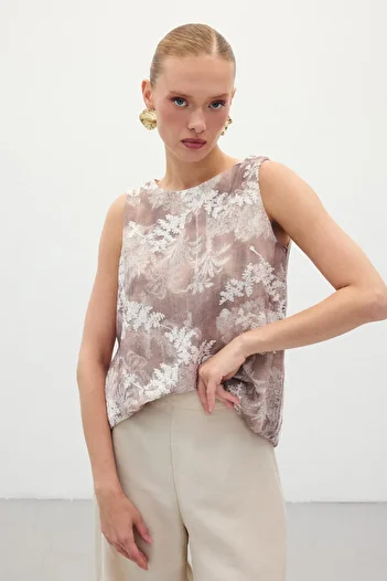 Sateen Embroidered Sleeveless Blouse - Camel
