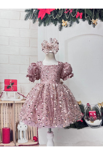 Nissa Powder Color Sequined Bow Girl's Evening Dress