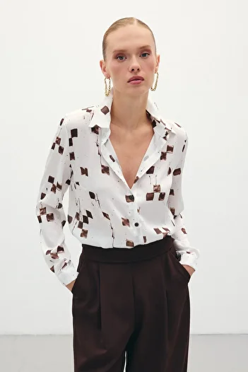 Sateen Patterned Classic Shirt - Brown