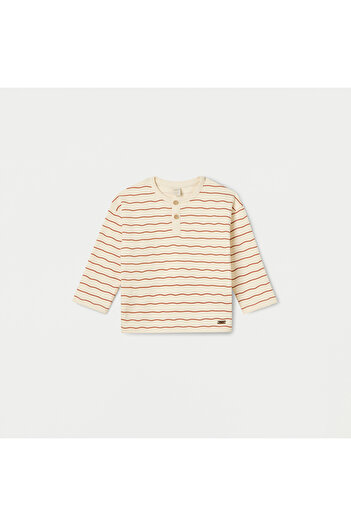 giggles Striped Henley Neck T-shirt with Long Sleeves and Button Closure