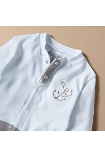giggles Colourblock Sleepsuit with Embroidered Detail and Button Closure