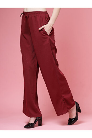 PAUSE By Styli Women Maroon Solid Drawstring Waist Wide Leg Pants