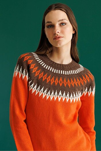 Desen Triko Women's Crew Neck Robe Diamond Pattern Wool Sweater Orange