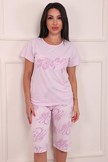 Niket Life Women's Motif Patterned Short Sleeve Capri Combed Cotton Pajama Set Lilac
