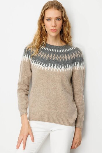 Desen Triko Women's Crew Neck Robe Diamond Patterned Wool Sweater K.Beige