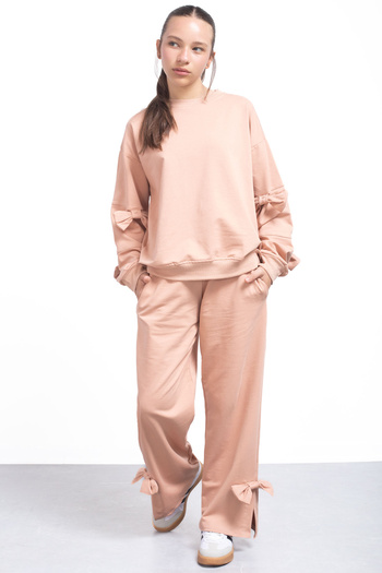 Cansın Mini Beige Slit Leg Bow Detailed Girl's 2-Piece Tracksuit Set 21214