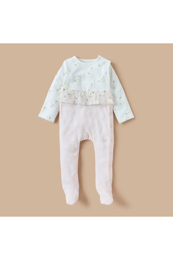 giggles Floral Embroidered Closed Feet Sleepsuit with Long Sleeves