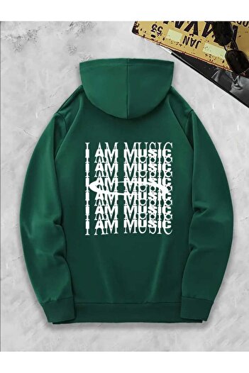 caddekombin I Am Music Arka Baskılı Kapüşonlu Cepli Pamuklu Yeşil Sweatshirt
