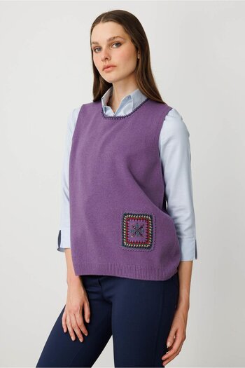 Desen Triko Women's Crew Neck Pocket and Collar Colorful Crocheted Wool Sweater Purple
