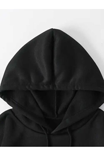 caddekombin Yedili Kurdele Baskılı Kapüşonlu Cepli Pamuklu Siyah Sweatshirt
