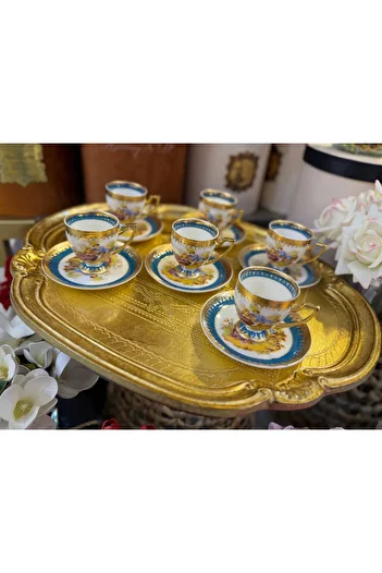 hediye Esterhomedecor 6 Person Fragonard Porcelain Coffee Cup Set Blue