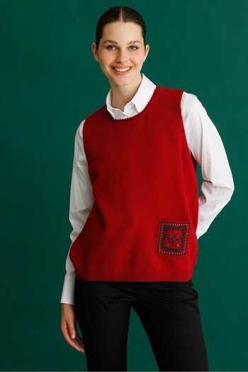 Desen Triko Women's Crew Neck Pocket and Collar Colorful Crochet Wool Sweater Dark Red