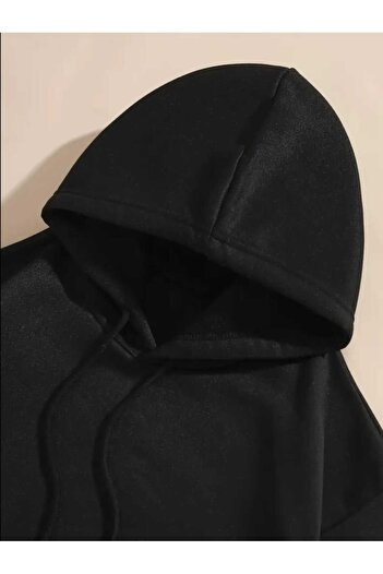 caddekombin Stitch Arka Baskılı Kapüşonlu Cepli İçi Yünlü Siyah Sweatshirt
