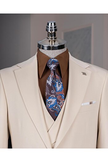 TerziAdemAltun Italian Style Slim Fit Jacket Vest Pants Suit Beige T14385
