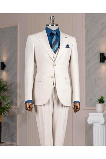 TerziAdemAltun Italian Style Slim Fit Jacket Vest Pants Suit Beige T14356