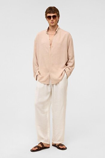 VAMOSCLO Oversize Long Sleeve Linen Shirt Beige
