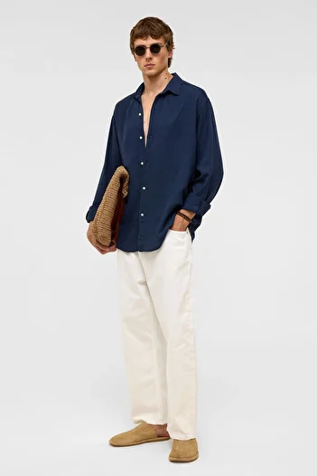VAMOSCLO Oversize Long Sleeve Linen Shirt Navy Blue