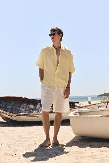 VAMOSCLO Oversize Short Sleeve Muslin Fabric Shirt Yellow