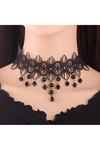 Yıldız Accessory Stylish Gothic Modern Black Lace Beaded Choker Necklace