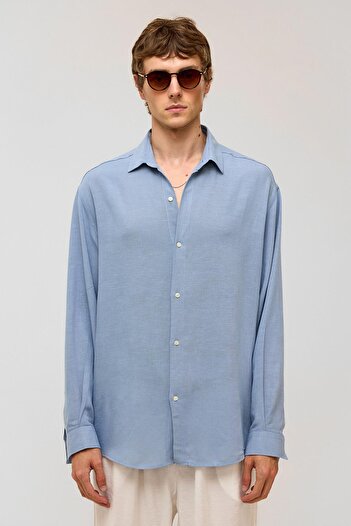 VAMOSCLO Oversize Long Sleeve Linen Shirt Baby Blue
