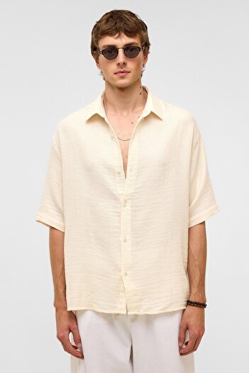 VAMOSCLO Oversize Short Sleeve Muslin Fabric Shirt Natural