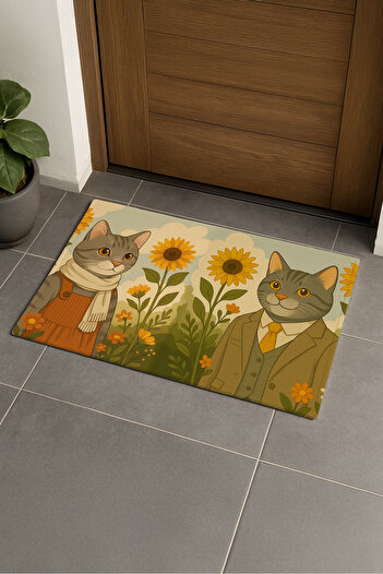 Artvibe Vintage Style Ghibli Cat Pair and Sunflower Door Mat