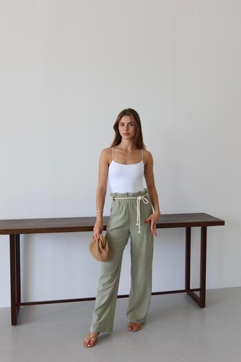 Jeevee Khaki Crinkle Fabric Lace-Up Summer Trousers