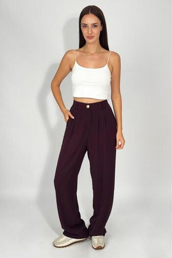 Betimoda Women's Buttoned Pocket Wide Leg Pleated Palazzo Trousers Burgundy
