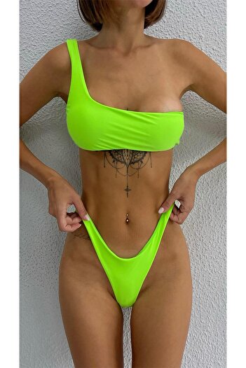 Bikini Mayokini Dünyası Tek Omuz Retro Neon String Bikini - Yeşil