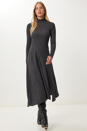 Happiness İstanbul Women's Anthracite Flounced Slit Midi Crinkle Dress Ub00413