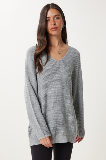 Happiness İstanbul Grauer Thessaloniki-Strickpullover mit V-Ausschnitt und Oversize-Strick für Damen ZA00059