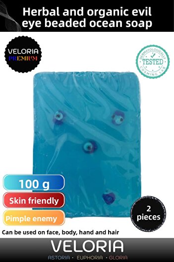 Veloria Premium Series 100% Natural Organic Facial Hair Body Skin Balancing Evil Eye Beaded Ocean Soap 2 Pieces