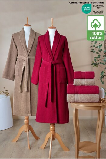 Ellaline 6 Piece Striped Bathrobe Set 100% Cotton Certified Family Towel Bathrobe Set Dowry Set Burgundy Brown