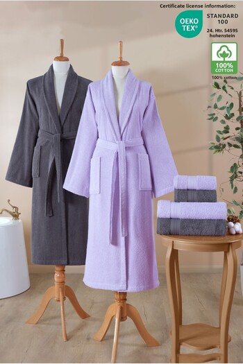 Ellaline 6 Piece Bathrobe Set 100% Cotton Certified, Family Bathrobe Set |   Dowry |   Lilac - Anthracite