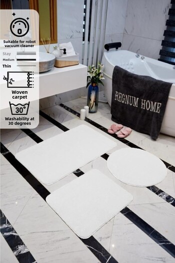 Regnum Halı Bath Mat Triple Set White Color Plush Non-Slip Base Washable 60x100 - 60x40 - 60x60