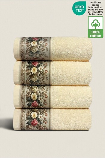 Ellaline Set of 4 Fiore Towels 100% Cotton Floral Pattern Hand / Face / Kitchen 50X90Cm
