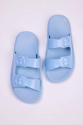 TRENDYOL SHOES Babyblaue Damen-Hausschuhe mit doppelter Schnalle und Schnalle TAKSS25TE00060