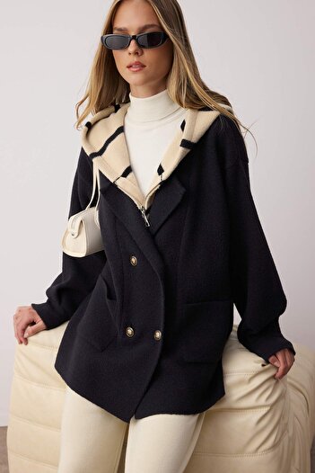 Trendyol Collection Black Zippered Color Block Premium/Special Yarn Wide Fit Coat Look Knitwear Cardigan Twoaw26Hi00022