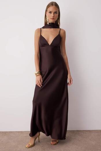 Trendyol Collection Brown Shawl Detail Satin Woven Maxi Evening Dress Night Homecoming Dress Tprss25El00312